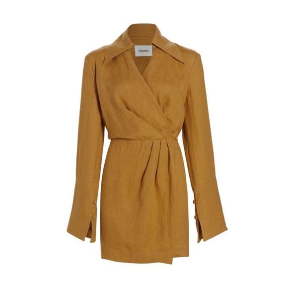 Nanushka Esma Linen Mini Dress Size XS Camel Long Sleeve Quiet Luxury Neutral - Picture 7 of 13